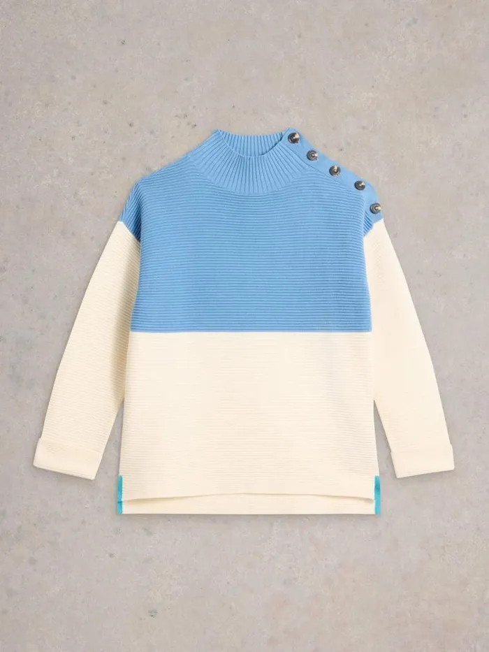 Women JANA BUTTON HIGH NECK JUMPER Blue Multi White Stuff Knitwear