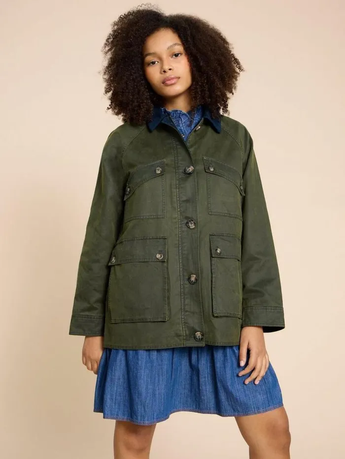 Women Juniper Cotton Jacket Khaki Green White Stuff Coats and Jackets