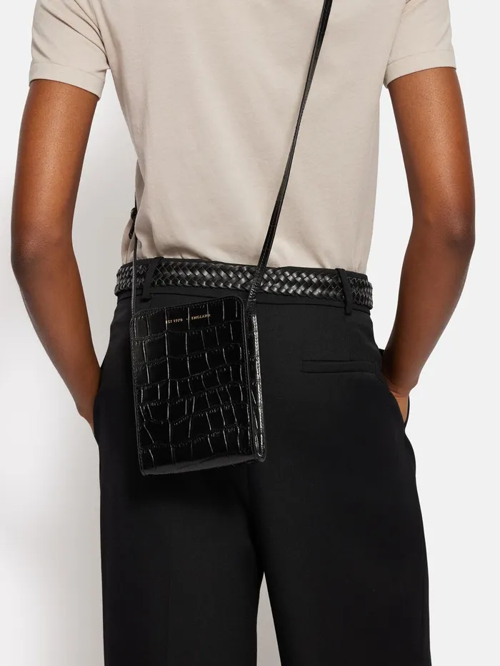 Women Leather Crossbody Phone Bag Black Jigsaw Leather