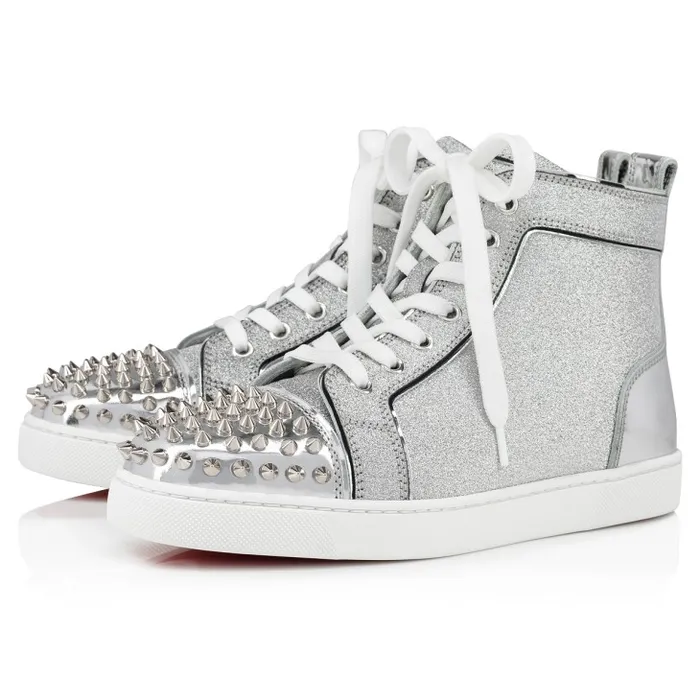 Women Lou Spikes Hightop Sneakers 8211 Specchio Leather And Glittered Calf Leather 8211 Silver Christian Louboutin Sneakers