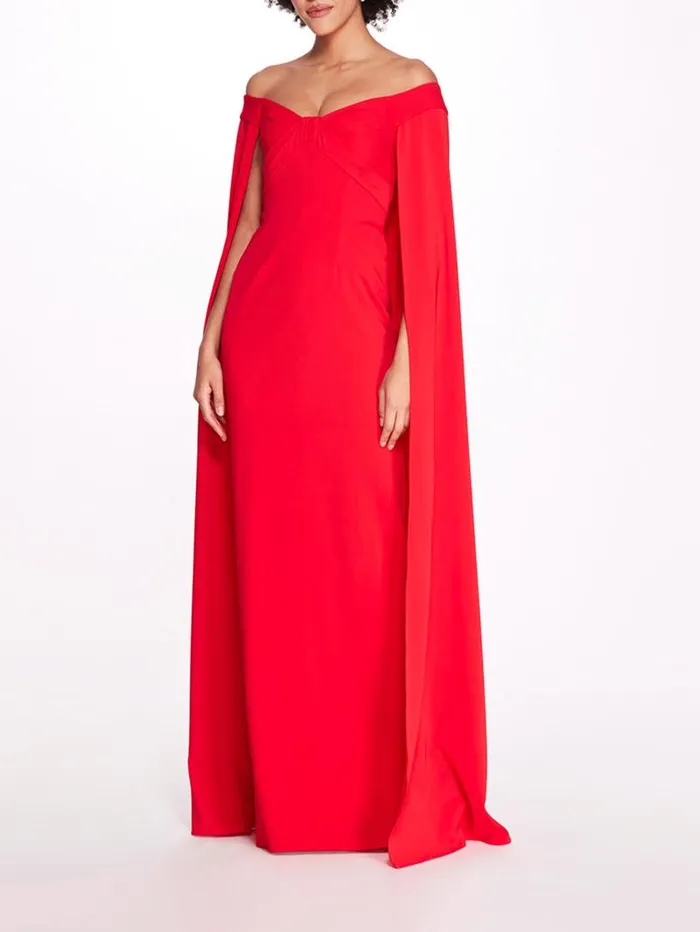 Women Marchesa Gowns Off Shoulder Caped Column Gown Red