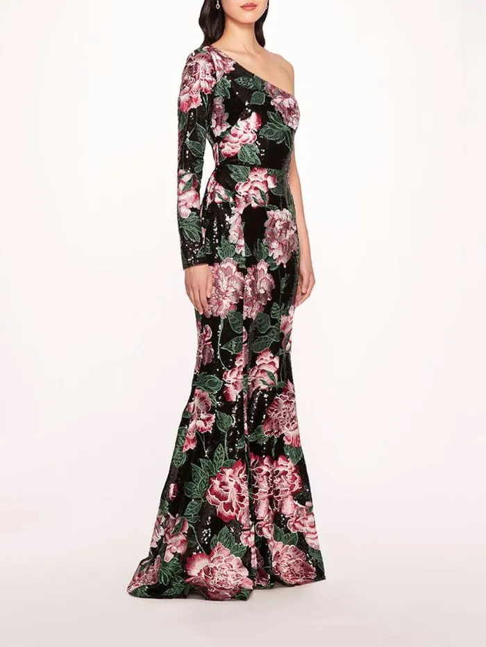 Women Marchesa Marchesa Notte One Shoulder Sequin Gown Black
