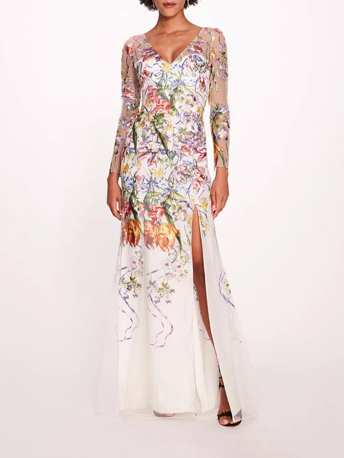 Women Marchesa Marchesa Notte Ribbons Long Sleeve Gown Ivory Multi
