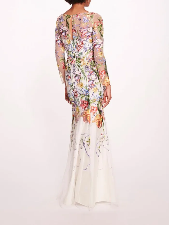Women Marchesa Marchesa Notte Ribbons Long Sleeve Gown Ivory Multi