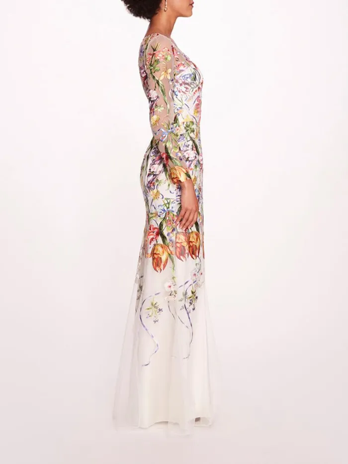 Women Marchesa Marchesa Notte Ribbons Long Sleeve Gown Ivory Multi