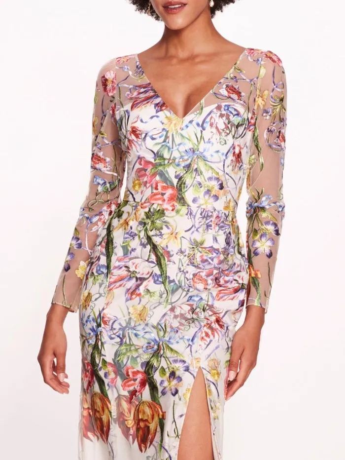 Women Marchesa Marchesa Notte Ribbons Long Sleeve Gown Ivory Multi