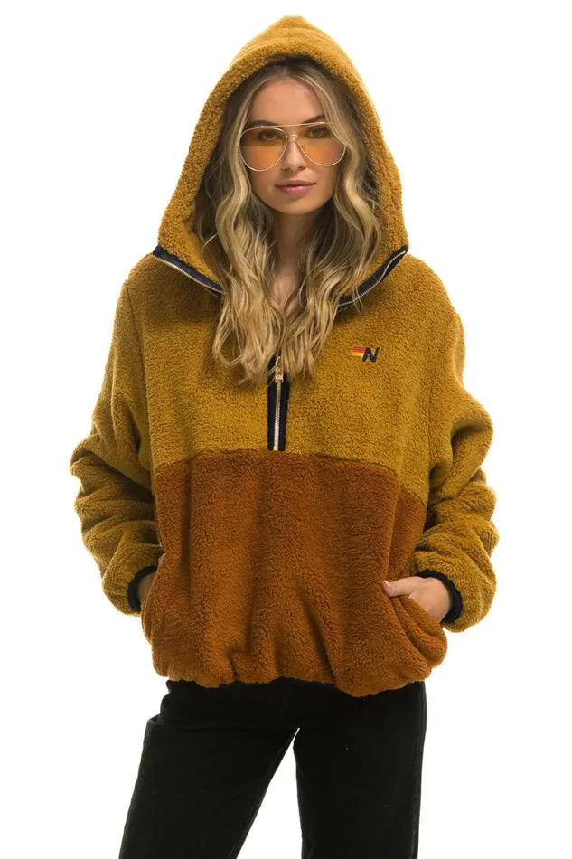WomenMen Outerwear Aviator Nation TEDDY UNISEX HOODED HALF ZIP COLOR BLOCK JACKET 8211 HONEY
