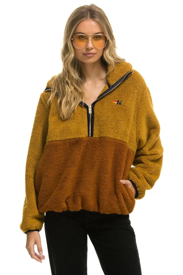 WomenMen Outerwear Aviator Nation TEDDY UNISEX HOODED HALF ZIP COLOR BLOCK JACKET 8211 HONEY