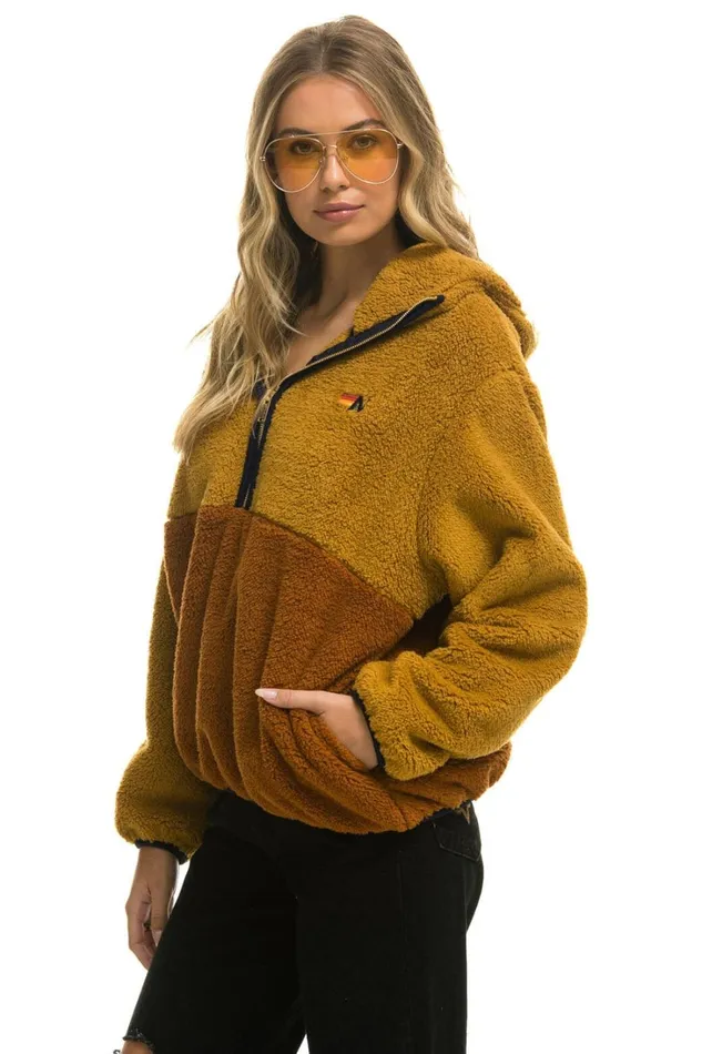WomenMen Outerwear Aviator Nation TEDDY UNISEX HOODED HALF ZIP COLOR BLOCK JACKET 8211 HONEY