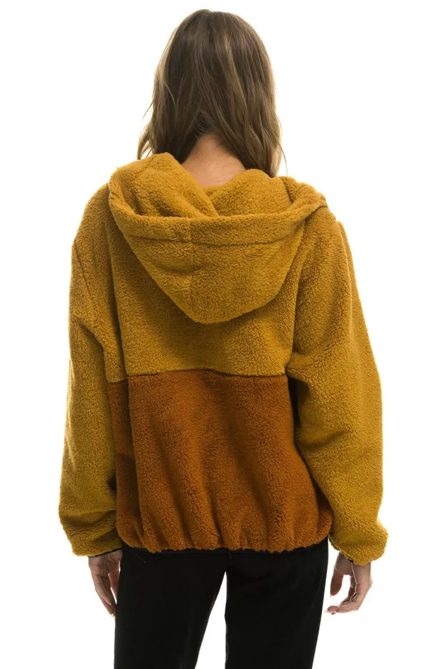 WomenMen Outerwear Aviator Nation TEDDY UNISEX HOODED HALF ZIP COLOR BLOCK JACKET 8211 HONEY