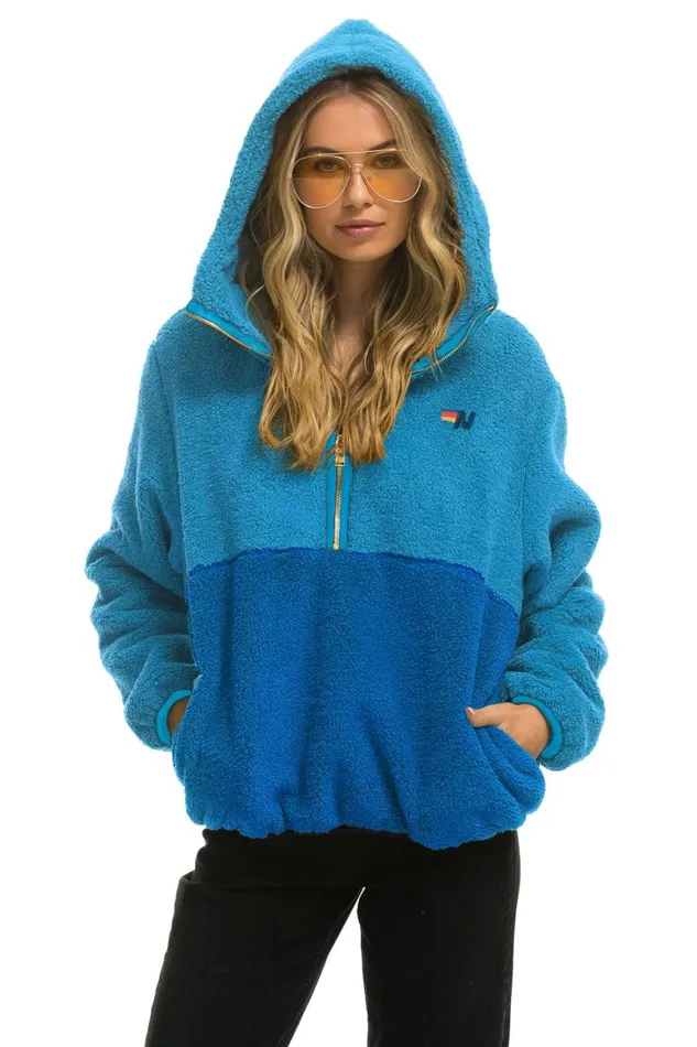 WomenMen Outerwear Aviator Nation TEDDY UNISEX HOODED HALF ZIP COLOR BLOCK JACKET 8211 OCEAN