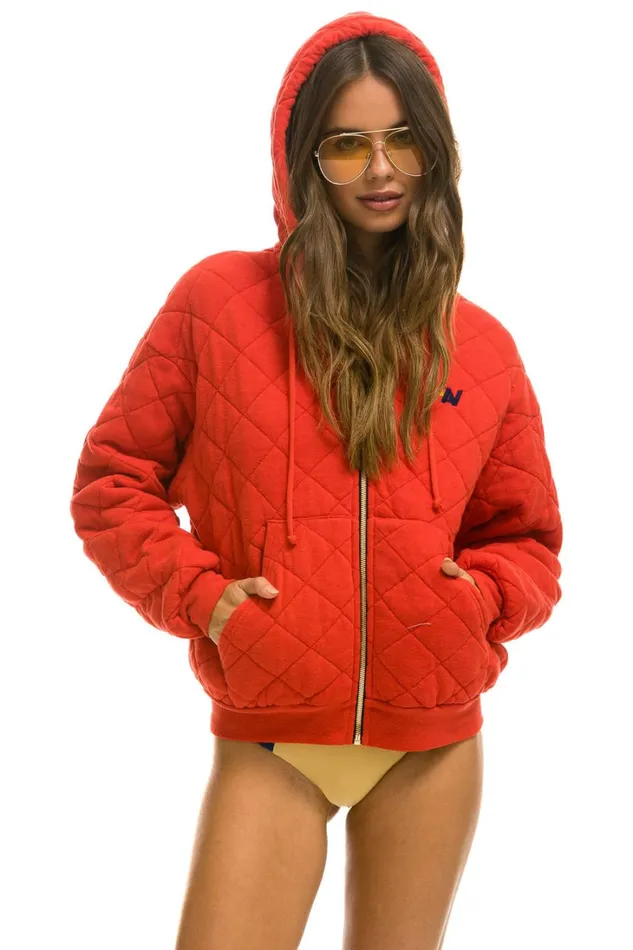 WomenMen Tops Aviator Nation QUILTED ZIP HOODIE RELAXED 8211 RED