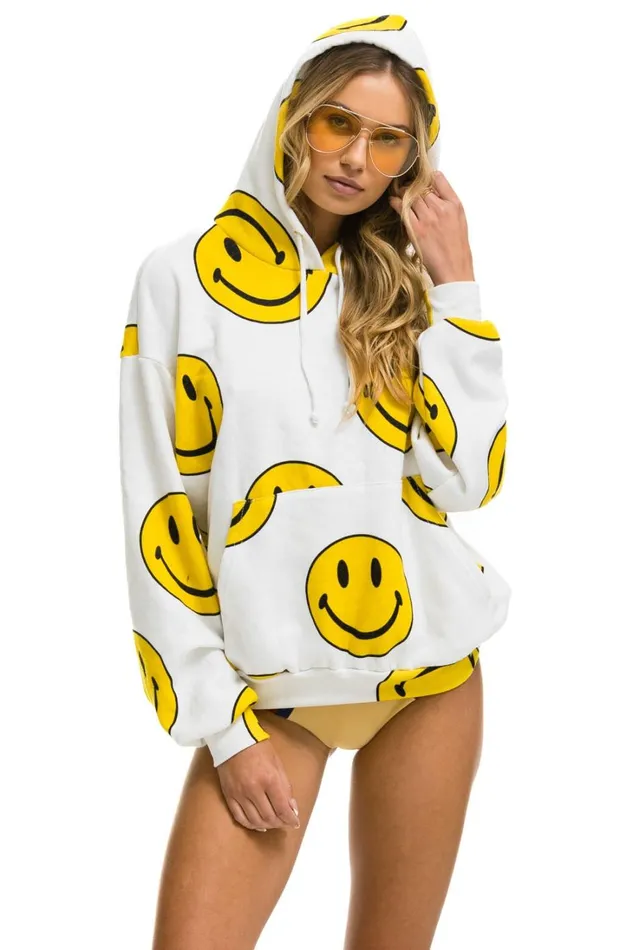 WomenMen Tops Aviator Nation SMILEY REPEAT RELAXED PULLOVER HOODIE 8211 WHITE