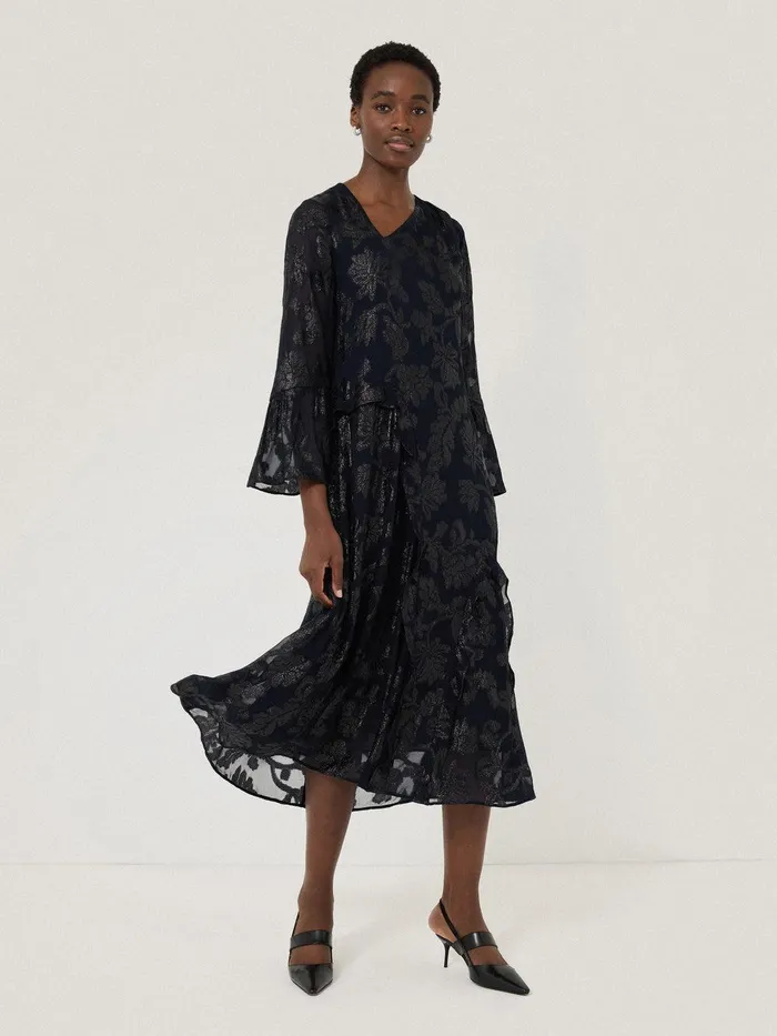 Women Metallic Jacquard Midi Dress Navy Jigsaw Party