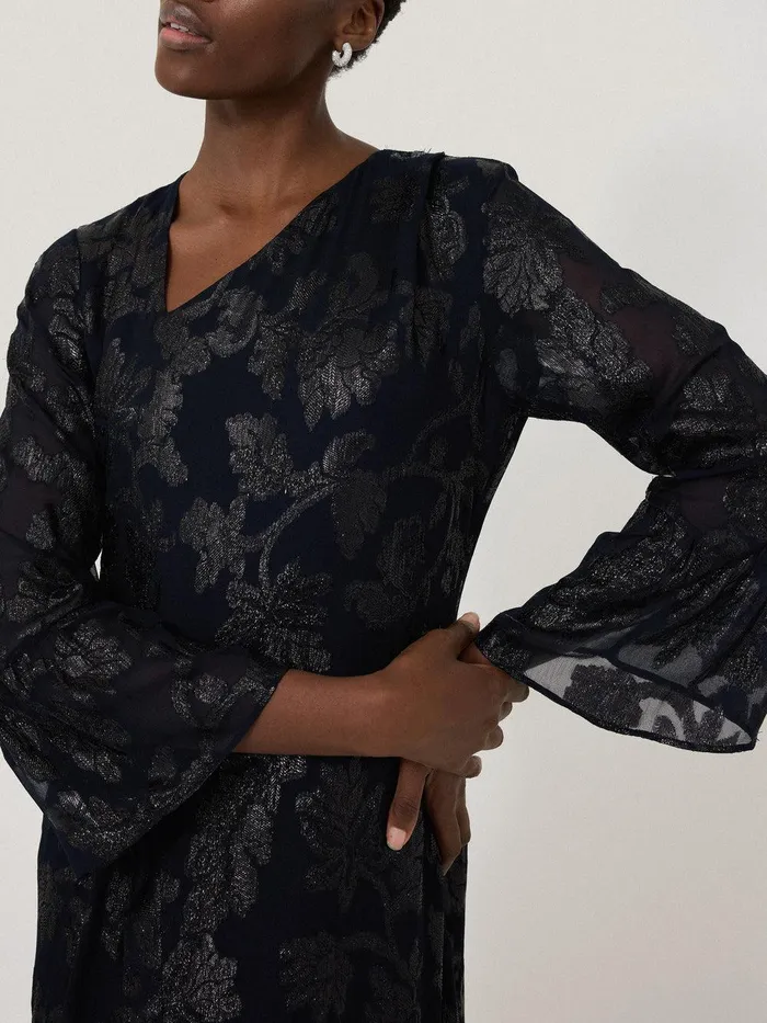 Women Metallic Jacquard Midi Dress Navy Jigsaw Party