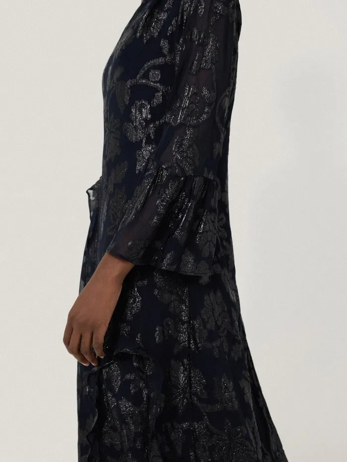 Women Metallic Jacquard Midi Dress Navy Jigsaw Party