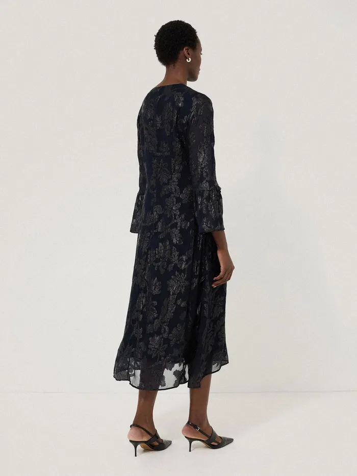 Women Metallic Jacquard Midi Dress Navy Jigsaw Party
