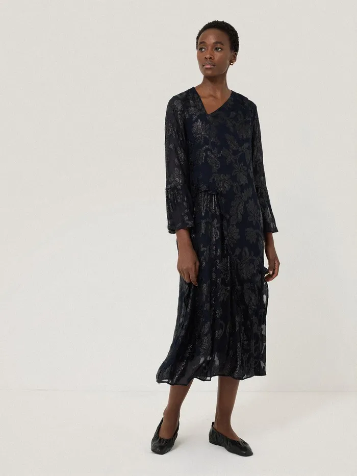 Women Metallic Jacquard Midi Dress Navy Jigsaw Party