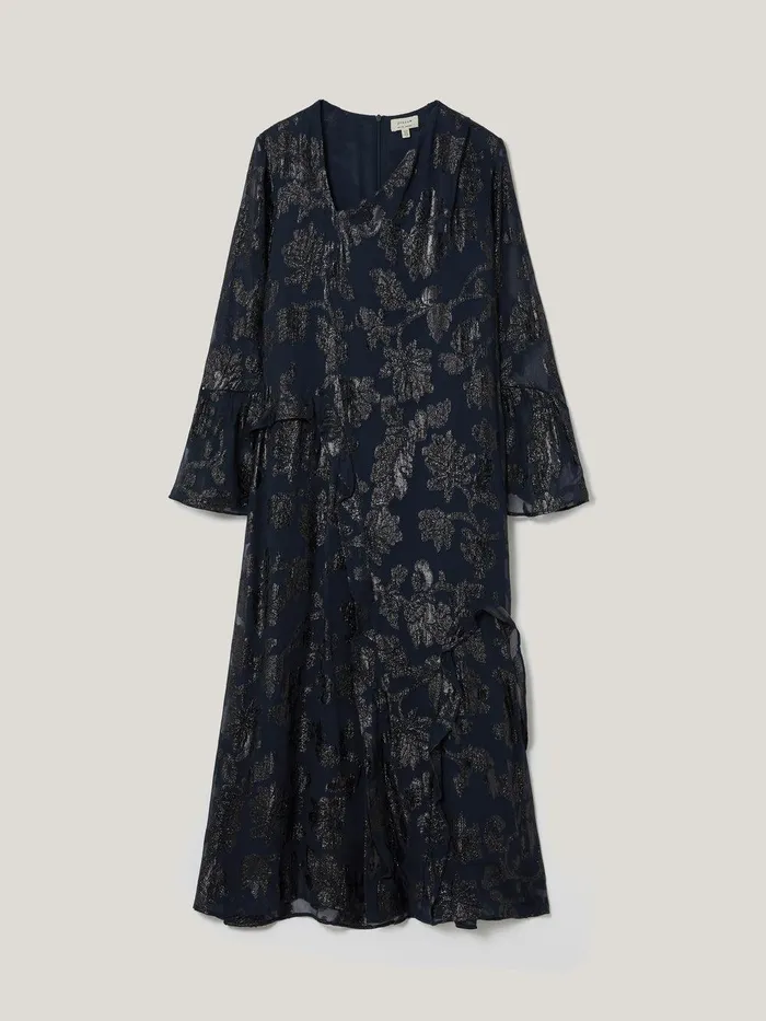 Women Metallic Jacquard Midi Dress Navy Jigsaw Party