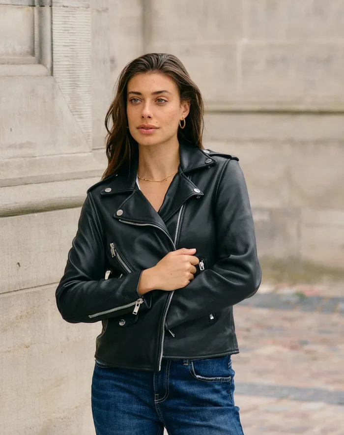 Women MMFrances Biker Leather Jacket Black Leather MOS MOSH