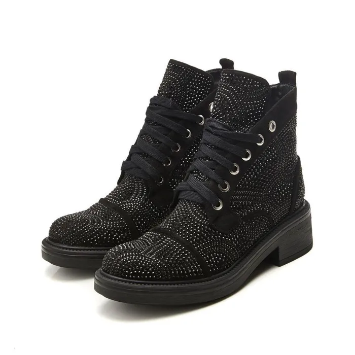 Women Moda In Pelle Chunky Boots Aleyza Jet Black Alcantara