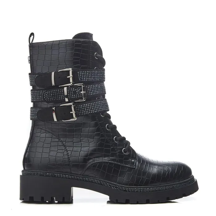 Women Moda In Pelle Chunky Boots Cyrus Black Croc Croc Print Porvair