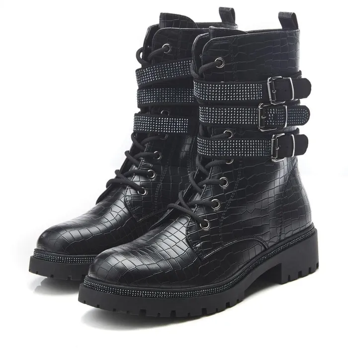Women Moda In Pelle Chunky Boots Cyrus Black Croc Croc Print Porvair