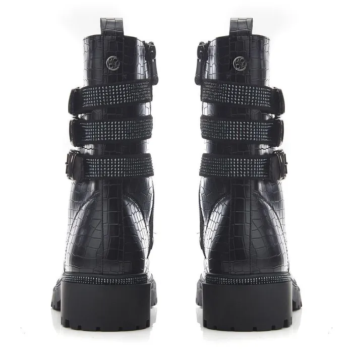 Women Moda In Pelle Chunky Boots Cyrus Black Croc Croc Print Porvair