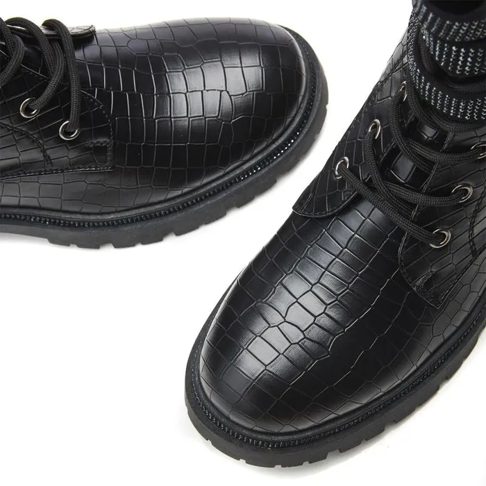 Women Moda In Pelle Chunky Boots Cyrus Black Croc Croc Print Porvair