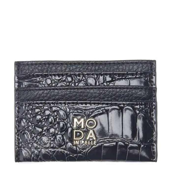 Women Moda In Pelle Clutch Bags Ali Cardwallet Black Croc Print Porvair