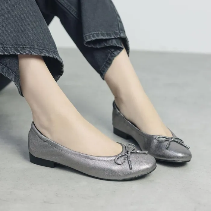 Women Moda In Pelle Flat And Ballerina Shoes Freyani Pewter Leather