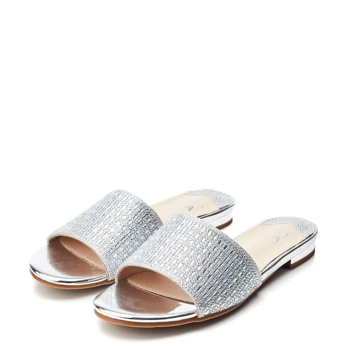 Women Moda In Pelle Flat Sandals Omiley Silver Textile