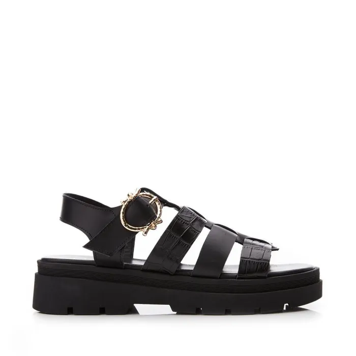 Women Moda In Pelle Flatform Sandals Obsidian Black Leather