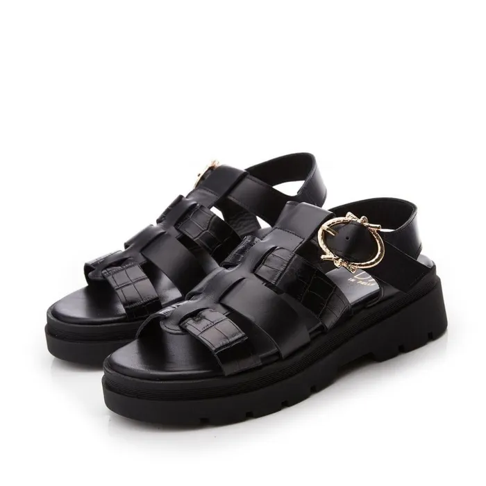 Women Moda In Pelle Flatform Sandals Obsidian Black Leather