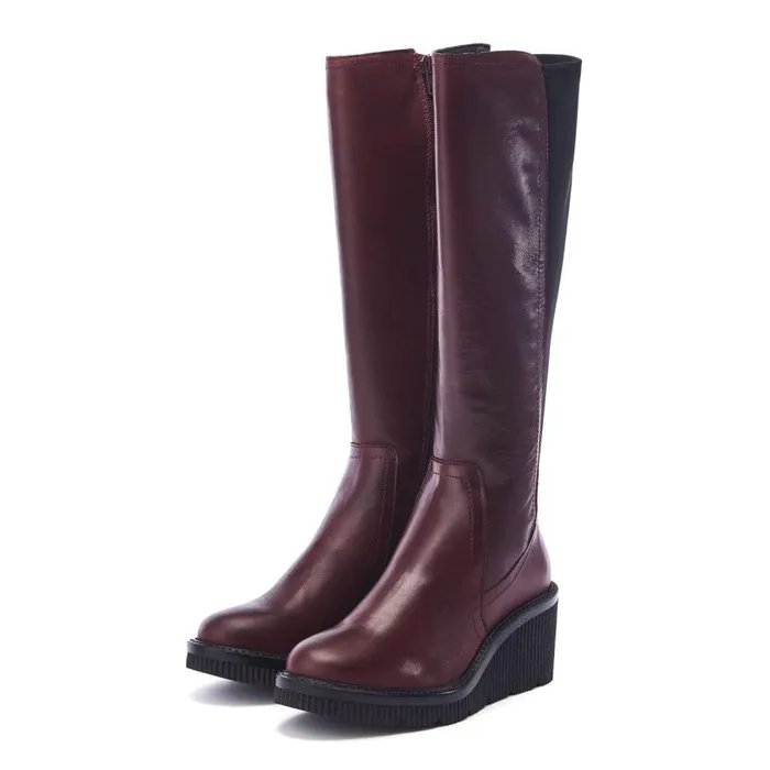 Women Moda In Pelle Knee High Boots Harpette Burgundy Leather