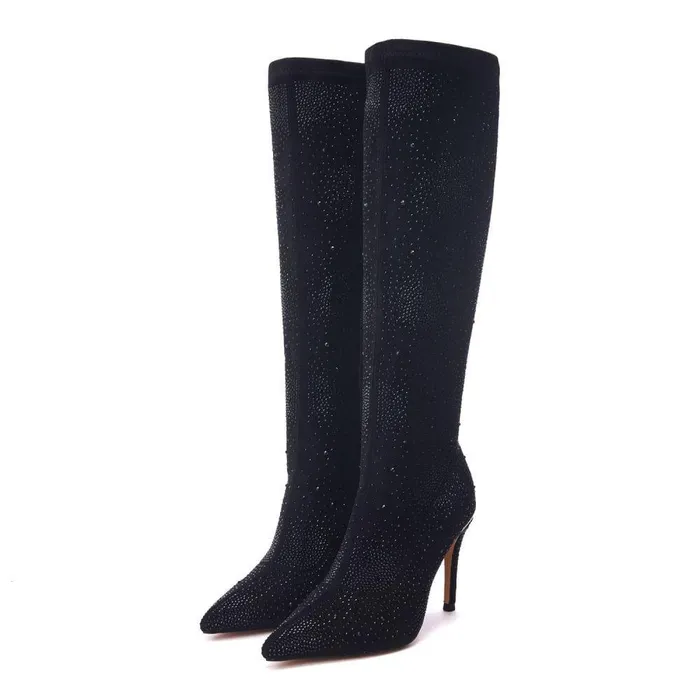 Women Moda In Pelle Knee High Boots Tiarra Black Alcantara