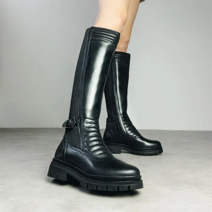 Women Moda In Pelle Riding And Flat Boots Giada Black Leather