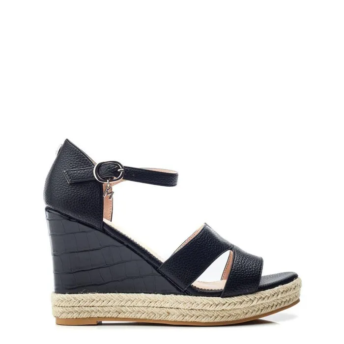 Women Moda In Pelle Wedge Sandals Rikolia Black Patent Mocc Croc