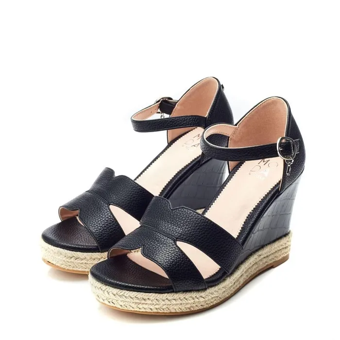 Women Moda In Pelle Wedge Sandals Rikolia Black Patent Mocc Croc