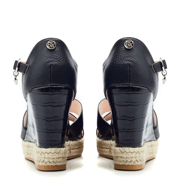 Women Moda In Pelle Wedge Sandals Rikolia Black Patent Mocc Croc