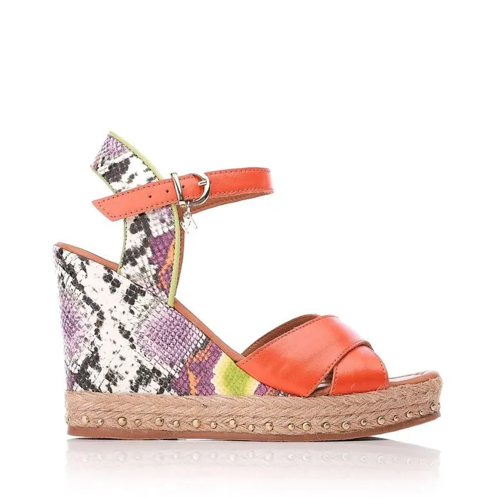 Women Moda In Pelle Wedge Sandals Rosette Orange Leather