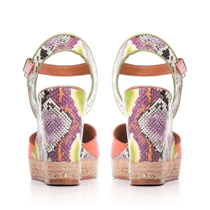 Women Moda In Pelle Wedge Sandals Rosette Orange Leather