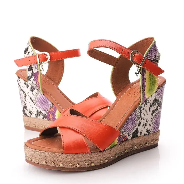 Women Moda In Pelle Wedge Sandals Rosette Orange Leather