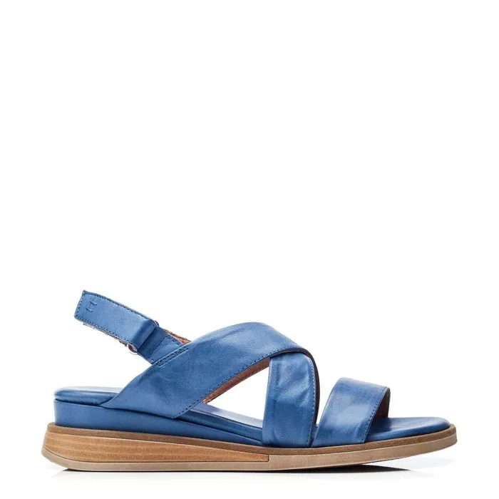 Women Moda In Pelle Wedge Sandals Shoon Sh Iranna Blue Leather