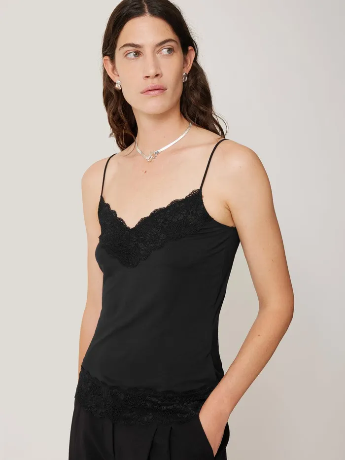 Women Modal Lace Vest Black Jigsaw Shirts and Tops