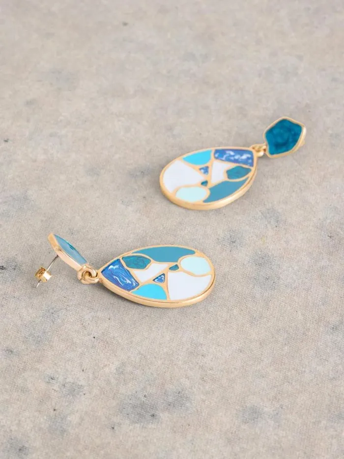 Women Mosaic Tile Drop Earring Gold Tone Metallic White Stuff Jewellery