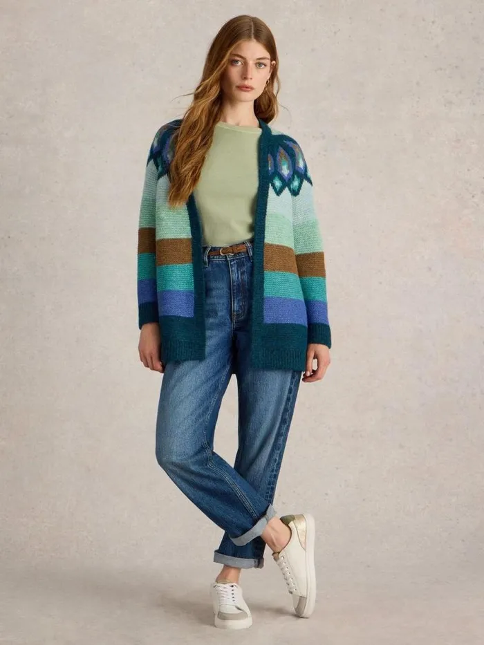 Women NEW YORK FAIRISLE CARDI Teal Multi White Stuff Knitwear