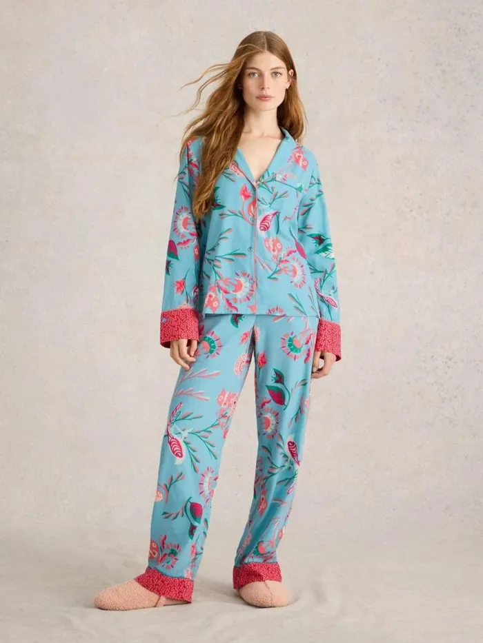 Women Nina Organic PJ Shirt Blue Print White Stuff Nightwear