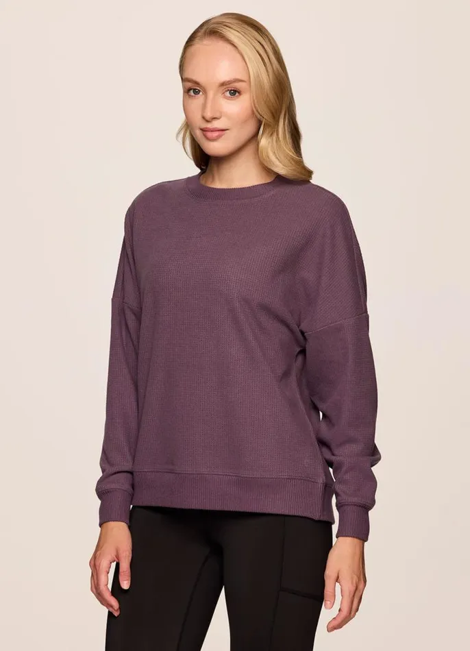 Women Off Days Relaxed Waffle Knit Sweatshirt Raisin RBX Active Long Sleeve