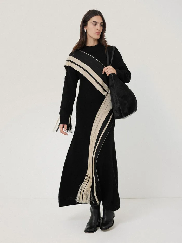 Women Opera Scarf Knitted Dress Black Jigsaw Knitwear and Cashmere